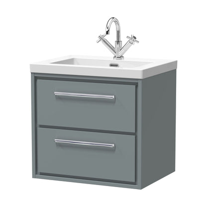 [BFLL2324L] Balterley Modern Bathroom 2 Soft-Close Drawer Wall Hung Vanity Unit Fireclay Basin, Coastal Grey, 600mm - Cutout