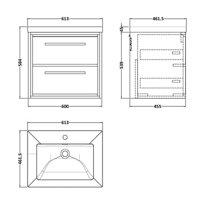 [BFLL2324L] Balterley Modern Bathroom 2 Soft-Close Drawer Wall Hung Vanity Unit Fireclay Basin, Coastal Grey, 600mm - Technical Drawing
