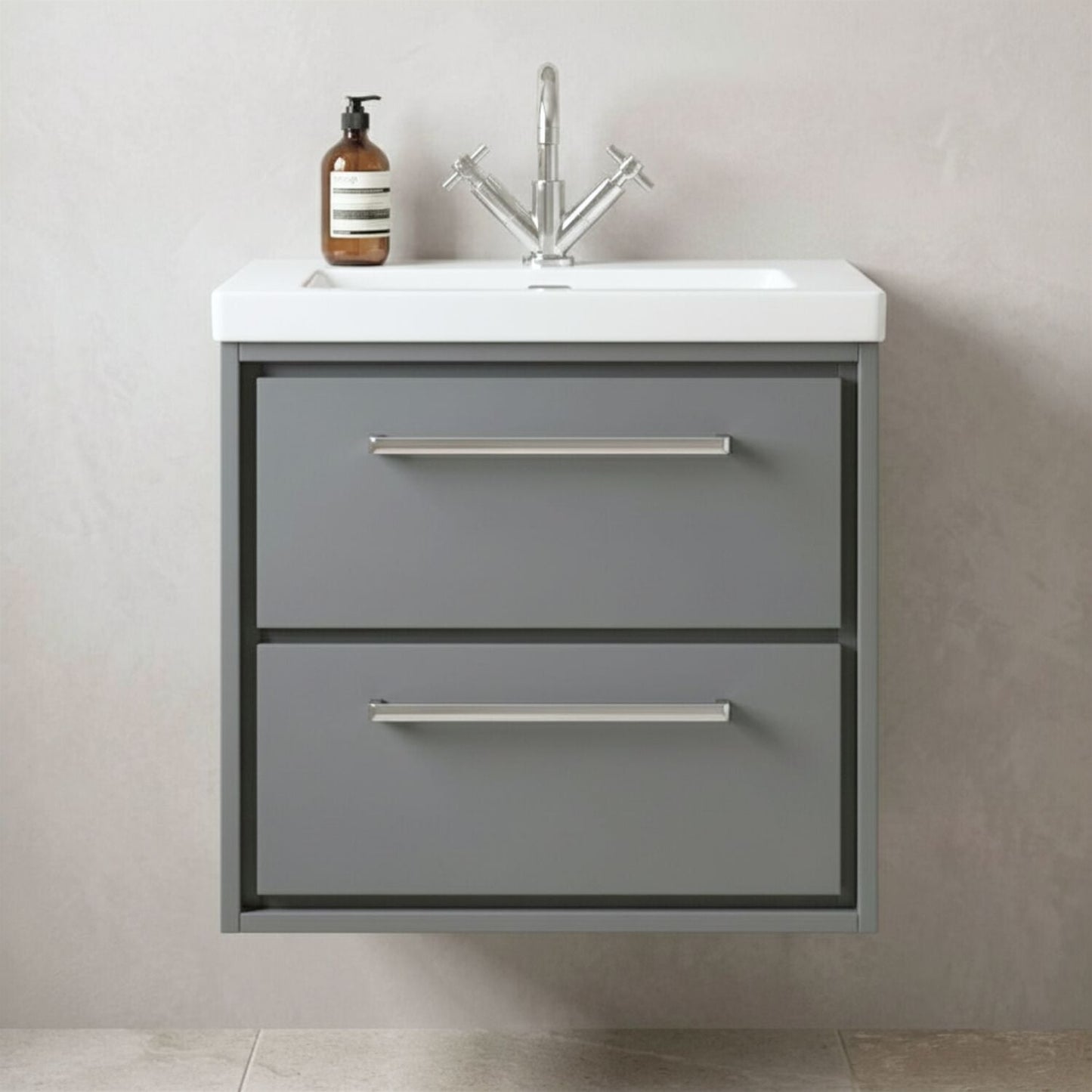 [BFLL2324L] Balterley Modern Bathroom 2 Soft-Close Drawer Wall Hung Vanity Unit Fireclay Basin, Coastal Grey, 600mm - Silo