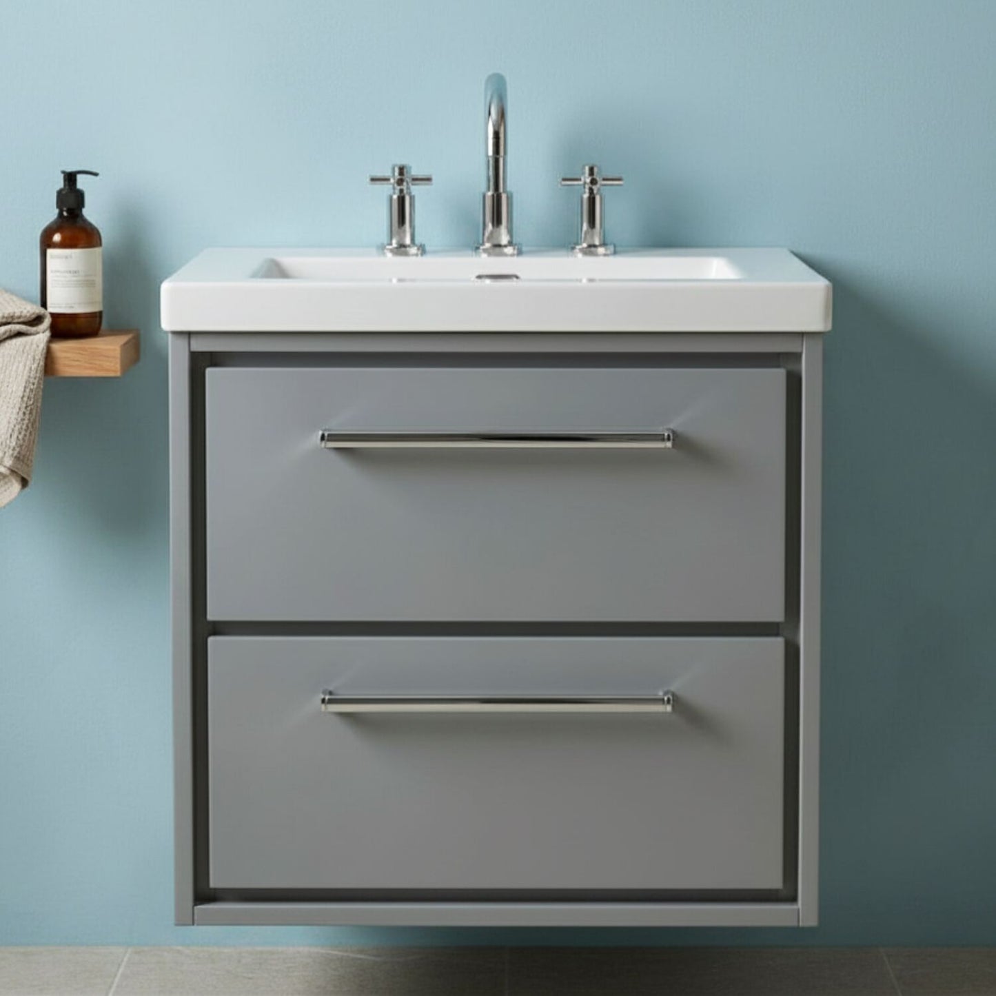 [BFLL2324M] Longnor Modern 2 Drawer Wall Hung Vanity Basin Unit with Modern Fireclay Sink, Choice of Size and Colour - Silo