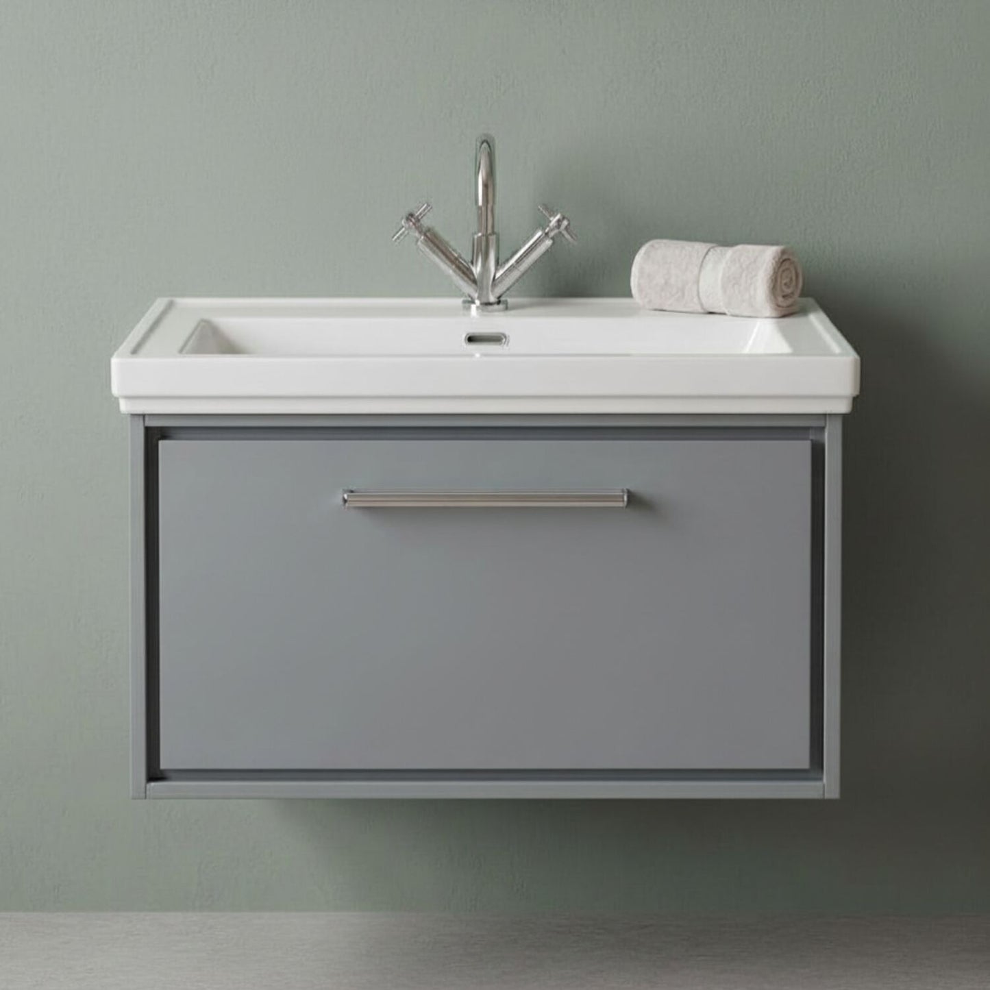 [BFLL2325A] Longnor Single Drawer Wall Hung Vanity Basin Unit with 1 Tap Hole Traditional Fireclay Basin, Choice of Colour and Size - Silo