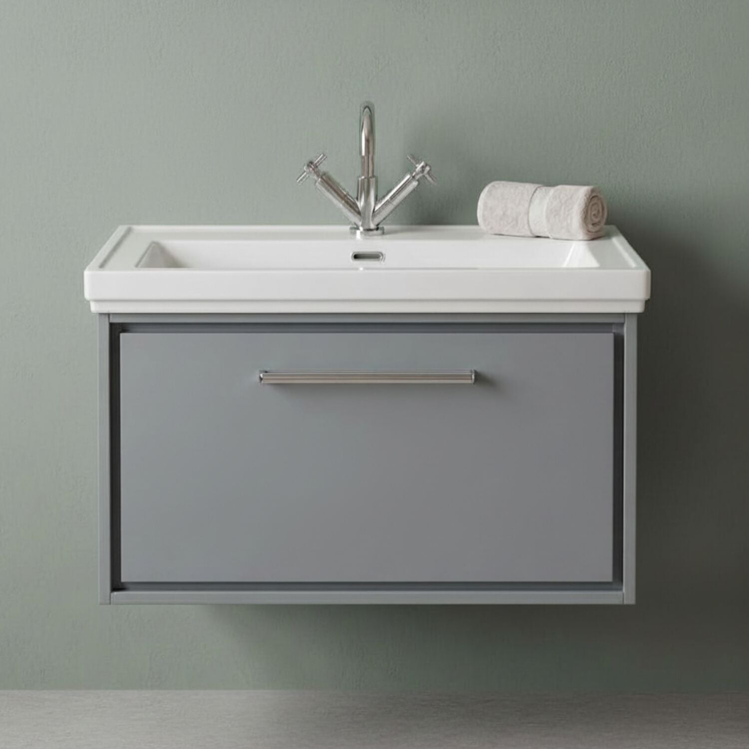 [BFLL2325A] Longnor Single Drawer Wall Hung Vanity Basin Unit with 1 Tap Hole Traditional Fireclay Basin, Choice of Colour and Size - Silo