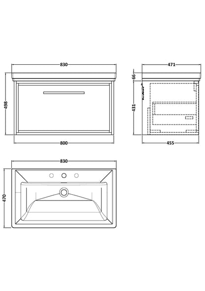 [BFLL2325B] Longnor Single Drawer Wall Hung Vanity Basin Unit with 3 Tap Hole Traditional Fireclay Basin, Choice of Size and Colour - Line Drawing