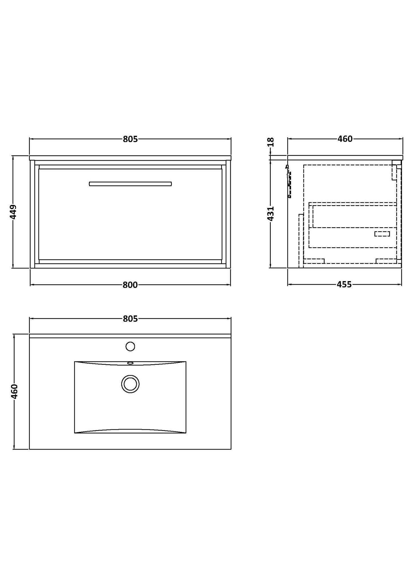 [BFLL2325C] Longnor Modern Bathroom Wall Hung Single Drawer Vanity Unit & Basin, Choice of Size and Colour - Technical Drawing