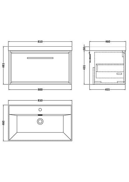 [BFLL2325E] Longnor Modern Bathroom 1 Soft Close Drawer Wall Hung Vanity Unit & Rectangular Basin, Choice of Size and Colour - Technical Drawing