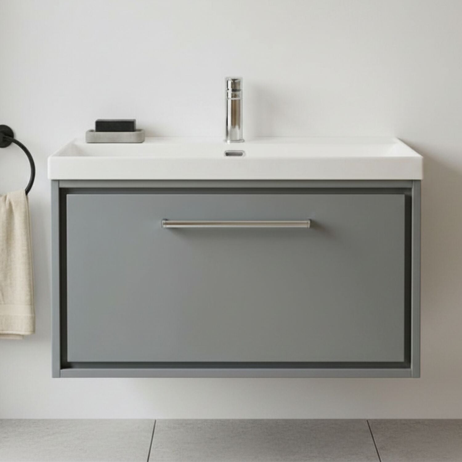 [BFLL2325E] Longnor Modern Bathroom 1 Soft Close Drawer Wall Hung Vanity Unit & Rectangular Basin, Choice of Size and Colour - Silo