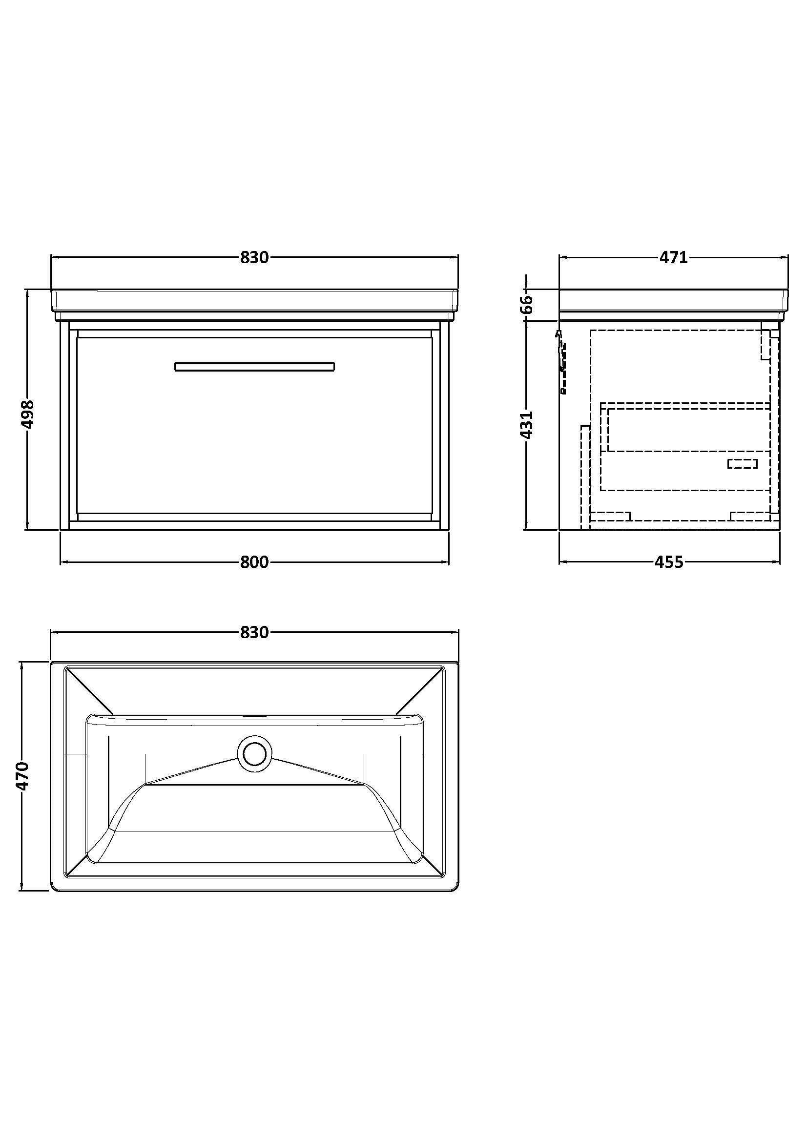 [BFLL2325H] Longnor Single Drawer Wall Hung Vanity Basin Unit with 0 Tap Hole Traditional Fireclay Basin, Choice of Size and Colour - Line Drawing