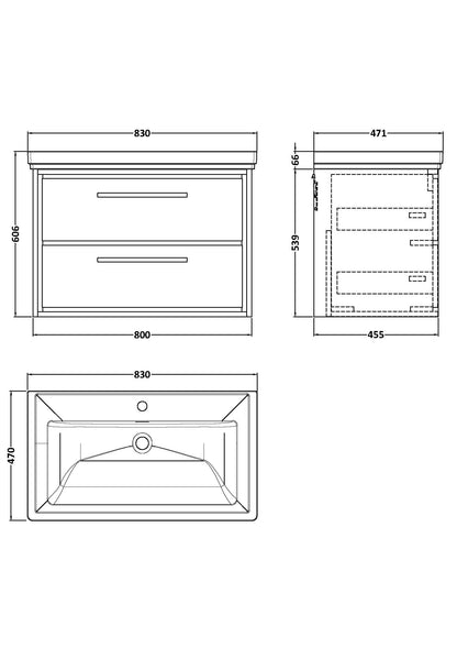 [BFLL2326A] Longnor 2 Drawer Wall Hung Vanity Basin Unit with 1 Tap Hole Traditional Fireclay Basin, Choice of Size and Colour - Line Drawing