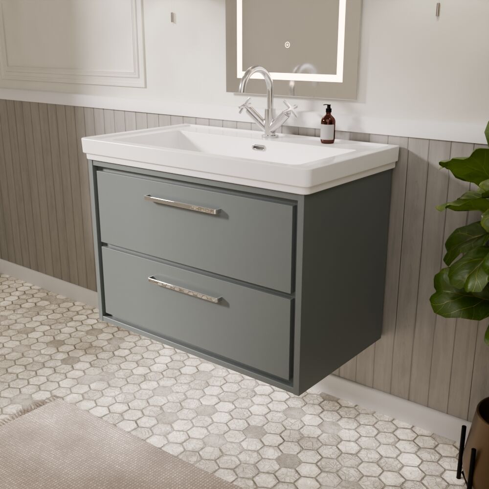 [BFLL2326A] Longnor 2 Drawer Wall Hung Vanity Basin Unit with 1 Tap Hole Traditional Fireclay Basin, Choice of Size and Colour - Lifestyle 3