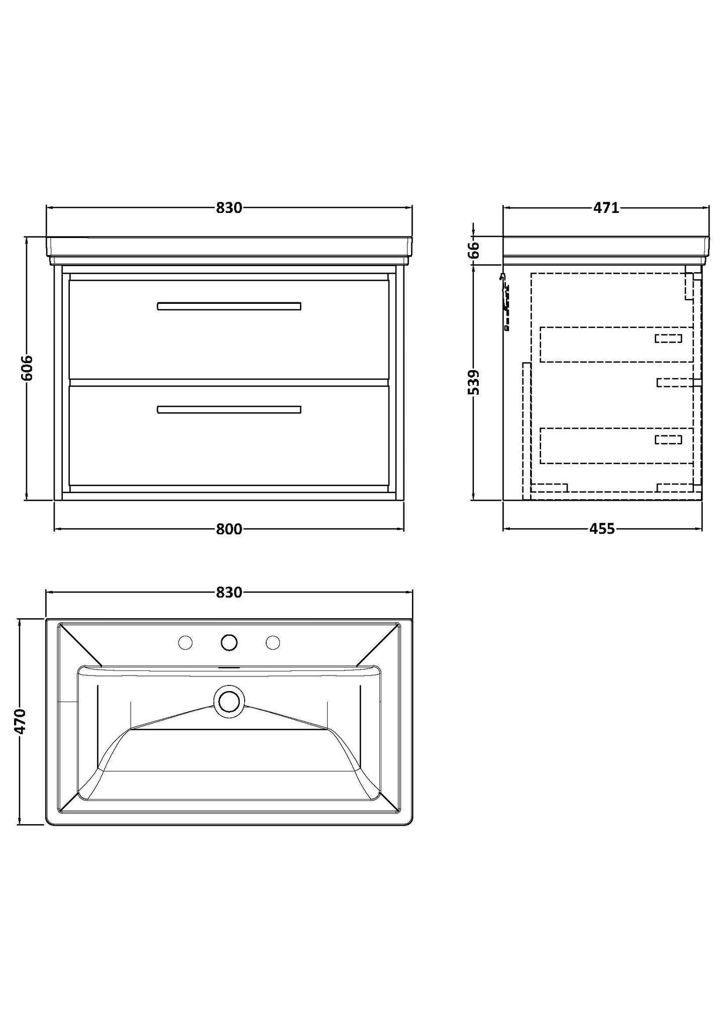 [BFLL2326B] Longnor 2 Drawer Wall Hung Vanity Basin Unit with 3 Tap Hole Traditional Fireclay Basin, Choice of Size and Colour - Line Drawing