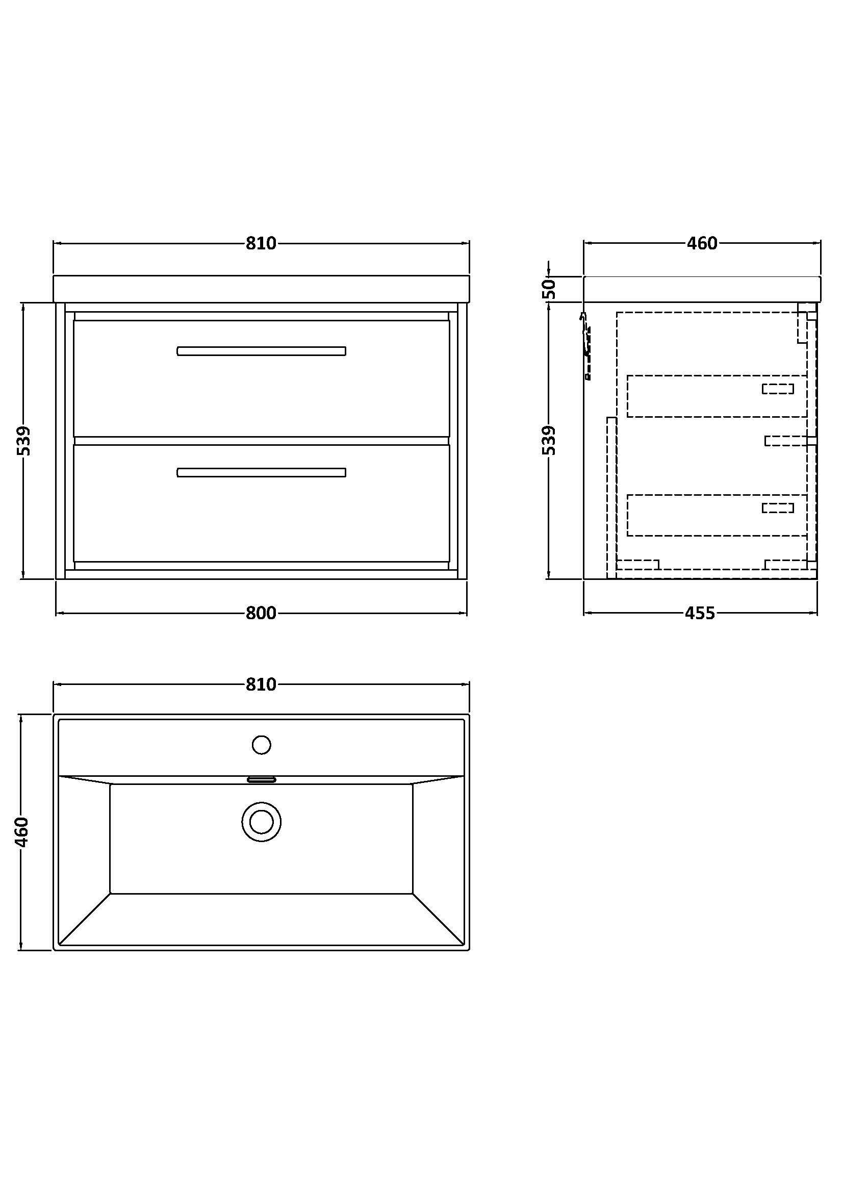 [BFLL2326E] Longnor Modern Wall Hung Vanity 2 Drawer Vanity Basin Unit with Rectangular Basin, Choice of Size and Colour - Technical Drawing
