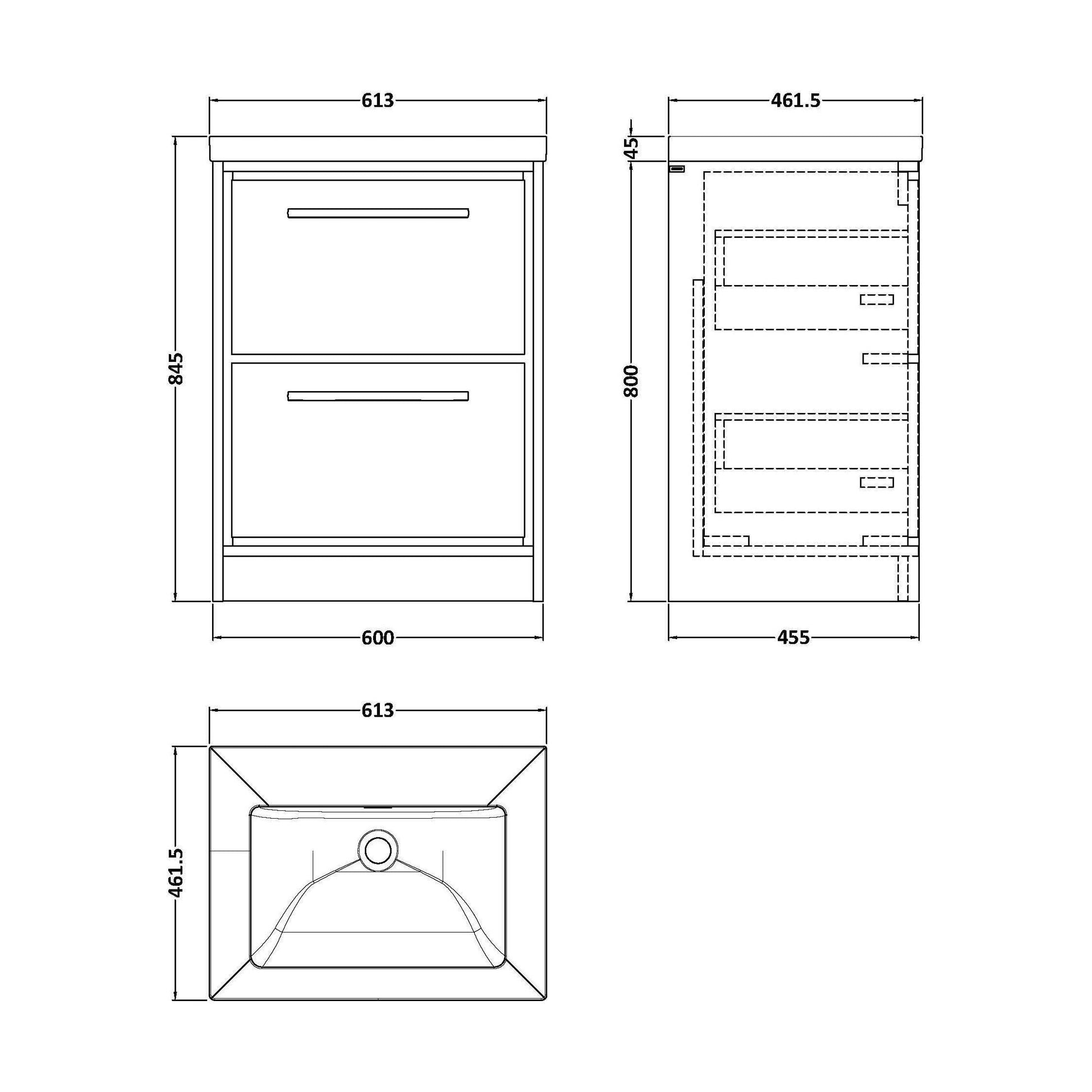 [BFLL2333K] Balterley Modern Bathroom 2 Soft-Close Drawer Floor Standing Vanity Unit Fireclay Basin, Coastal Grey, 600mm - Technical Drawing