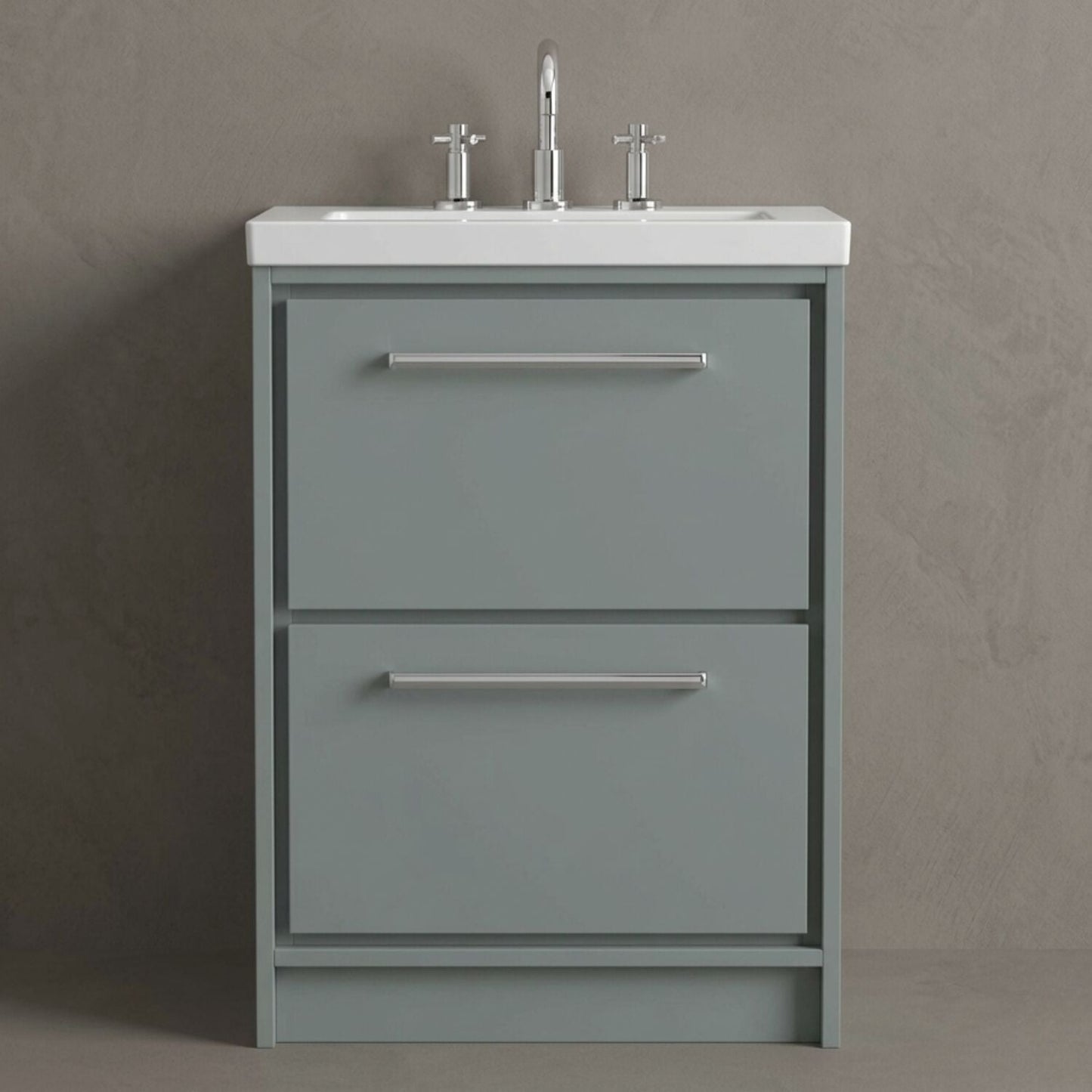[BFLL2333M] Balterley Modern Bathroom 2 Soft Close Drawer Floor Standing Vanity Unit Fireclay Basin, Coastal Grey, 600mm - Silo