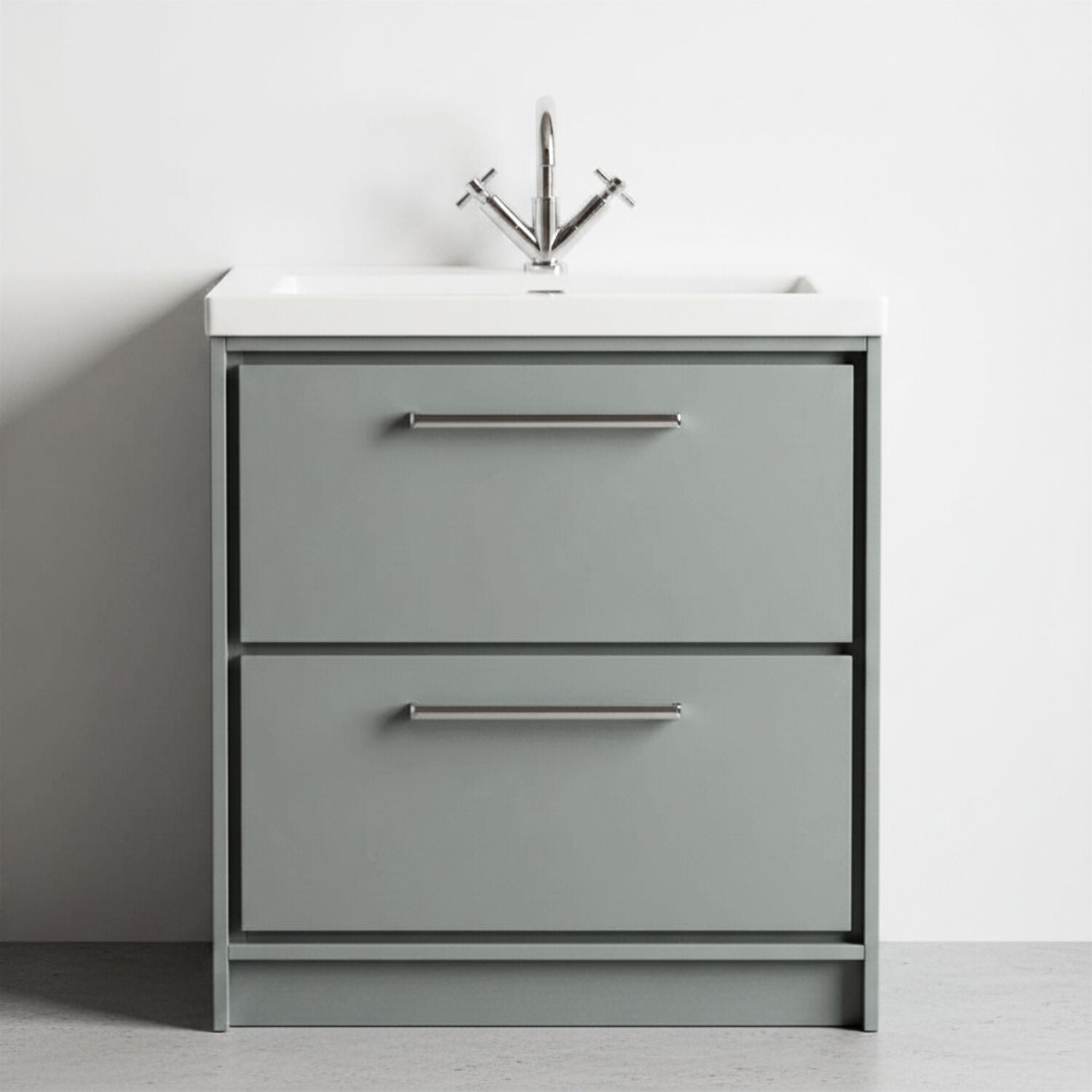 [BFLL2335L] Balterley Modern Bathroom Floor Standing 2 Soft-Close Drawer Vanity Fireclay Basin, Coastal Grey, 800mm - Silo