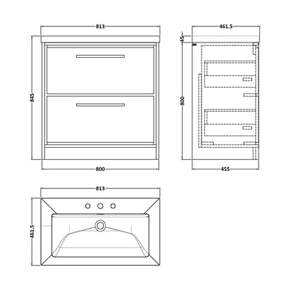 [BFLL2335M] Balterley Modern Bathroom 2 Soft Close Drawer Floor Standing Vanity Unit Fireclay Basin, Coastal Grey, 800mm - Technical Drawing