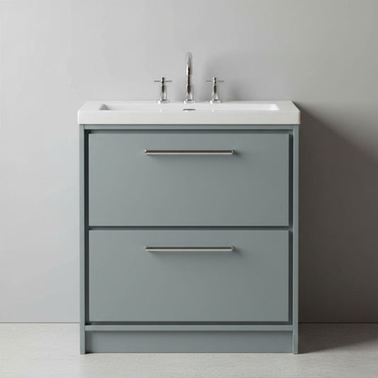 [BFLL2335M] Balterley Modern Bathroom 2 Soft Close Drawer Floor Standing Vanity Unit Fireclay Basin, Coastal Grey, 800mm - Silo
