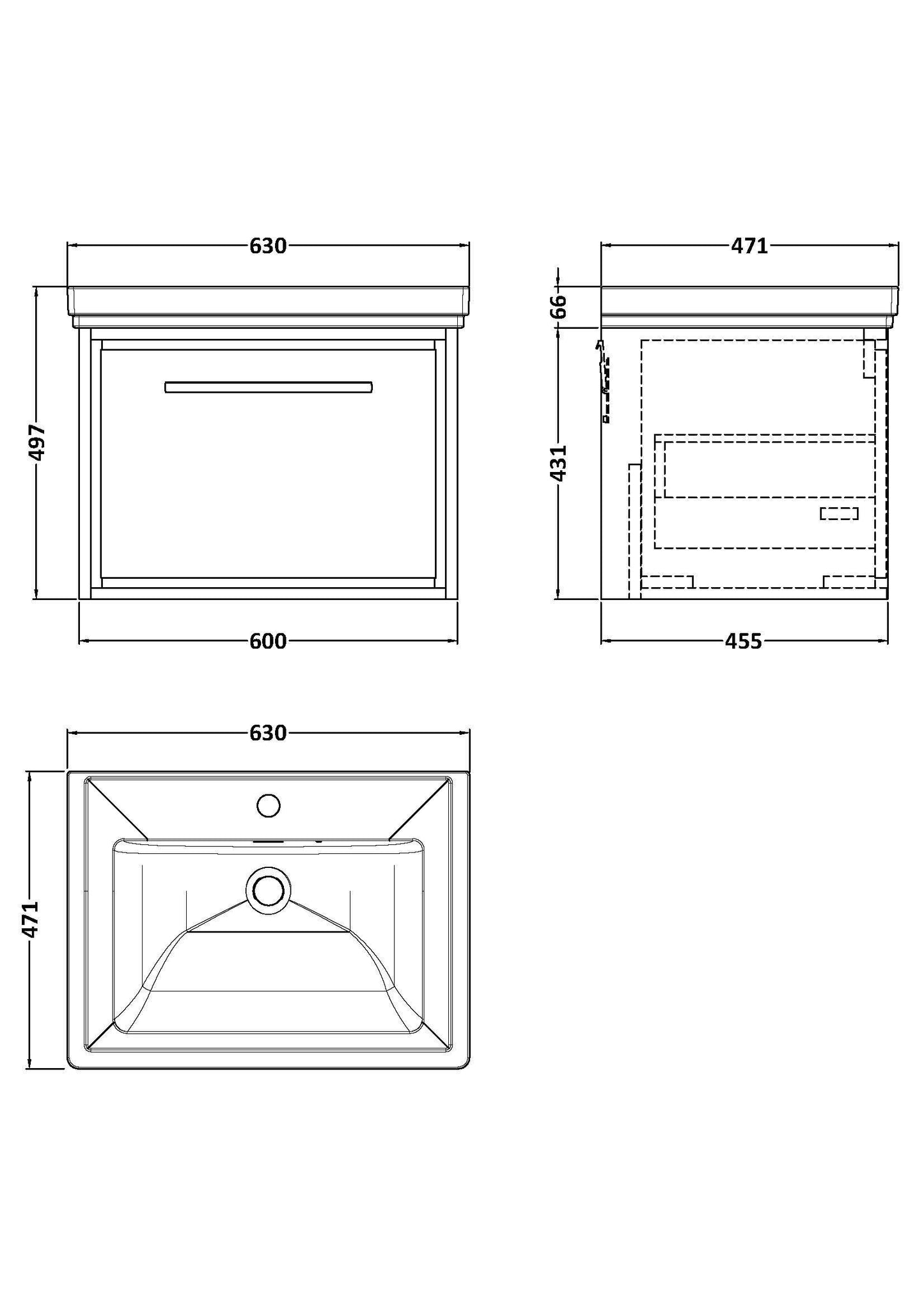 [BFLL3122A] Longnor Single Drawer Wall Hung Vanity Basin Unit with 1 Tap Hole Traditional Fireclay Basin, Choice of Colour and Size - Line Drawing