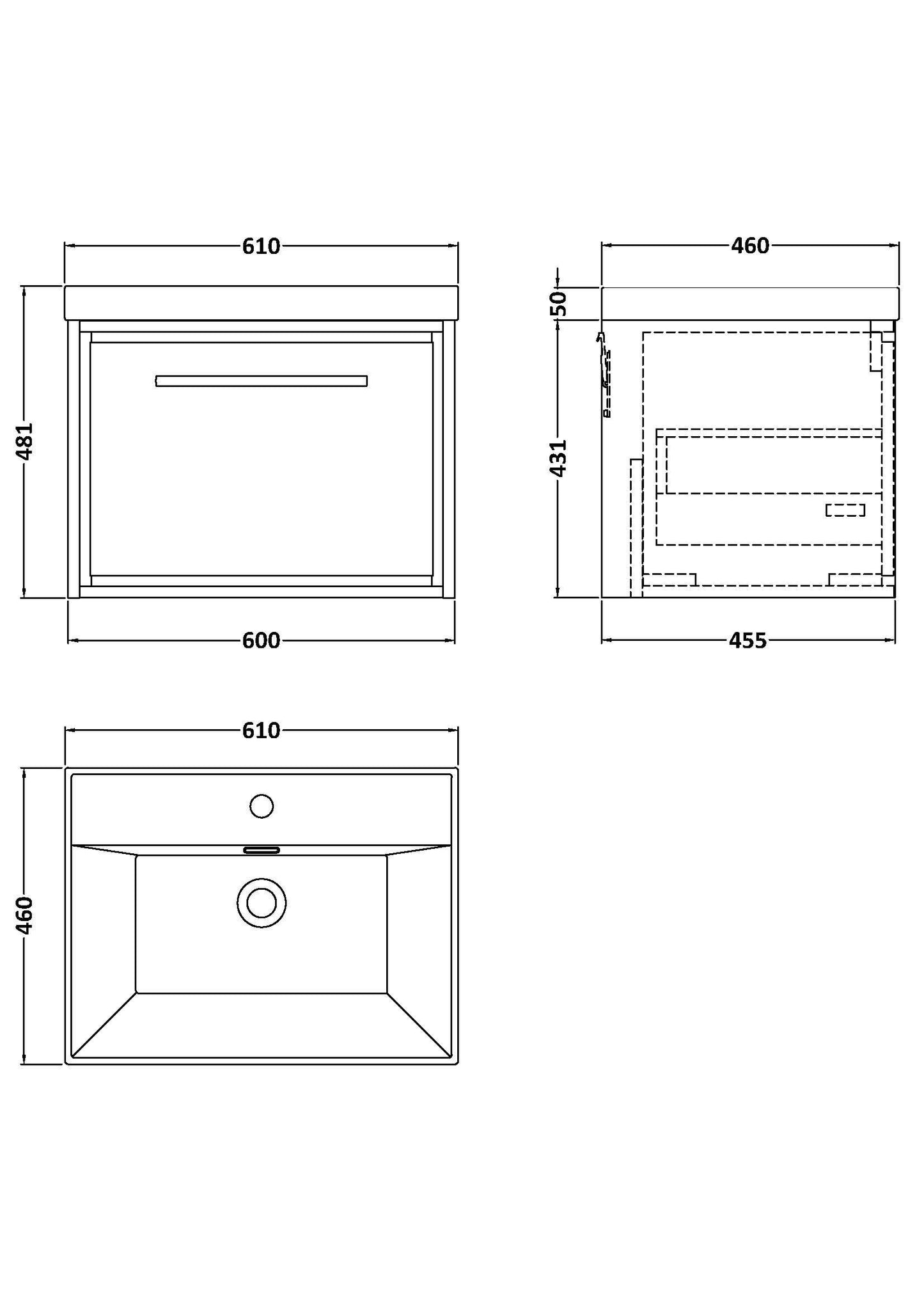 [BFLL3122E] Longnor Modern Bathroom 1 Soft Close Drawer Wall Hung Vanity Unit & Rectangular Basin, Choice of Size and Colour - Technical Drawing