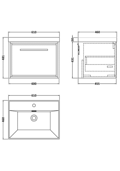[BFLL3122E] Longnor Modern Bathroom 1 Soft Close Drawer Wall Hung Vanity Unit & Rectangular Basin, Choice of Size and Colour - Technical Drawing