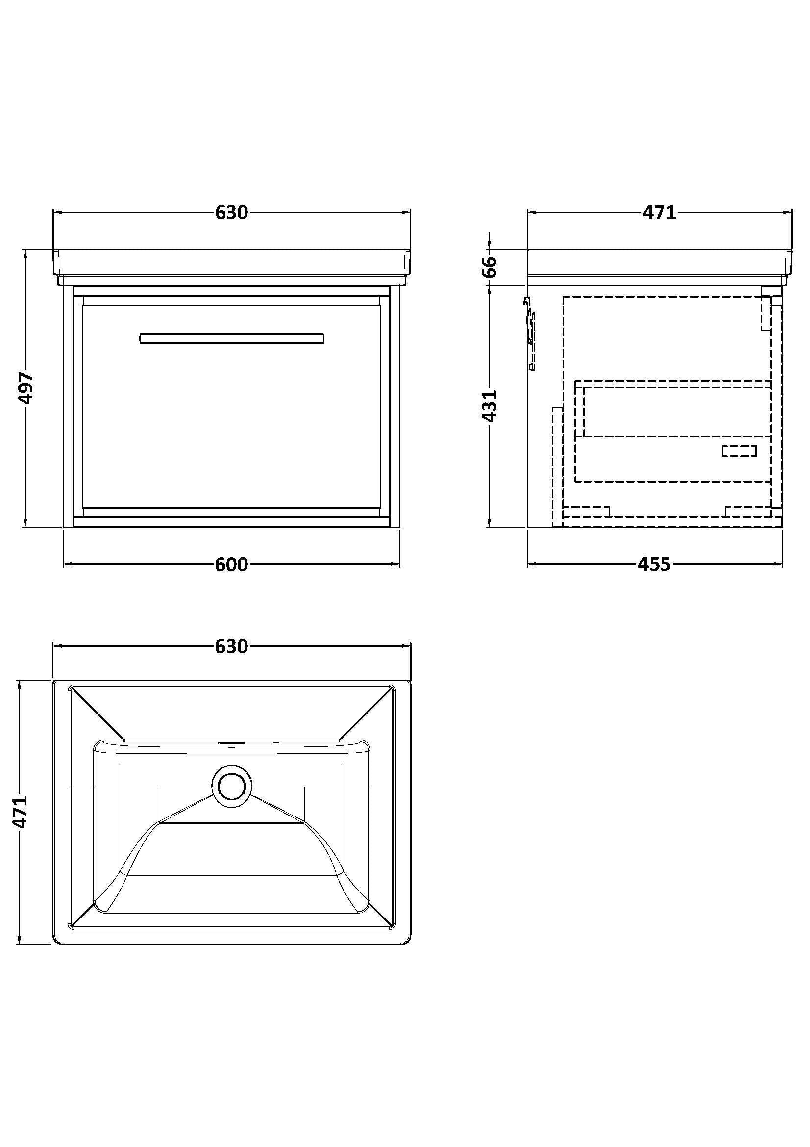 [BFLL3122H] Longnor Single Drawer Wall Hung Vanity Basin Unit with 0 Tap Hole Traditional Fireclay Basin, Choice of Size and Colour - Line Drawing
