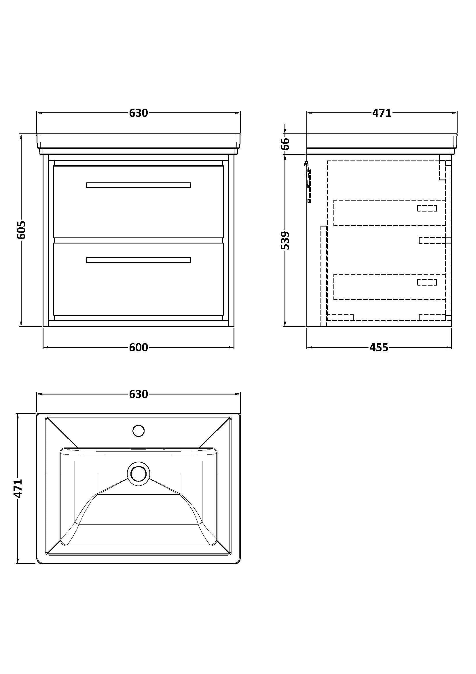 [BFLL3124A] Longnor 2 Drawer Wall Hung Vanity Basin Unit with 1 Tap Hole Traditional Fireclay Basin, Choice of Size and Colour - Line Drawing