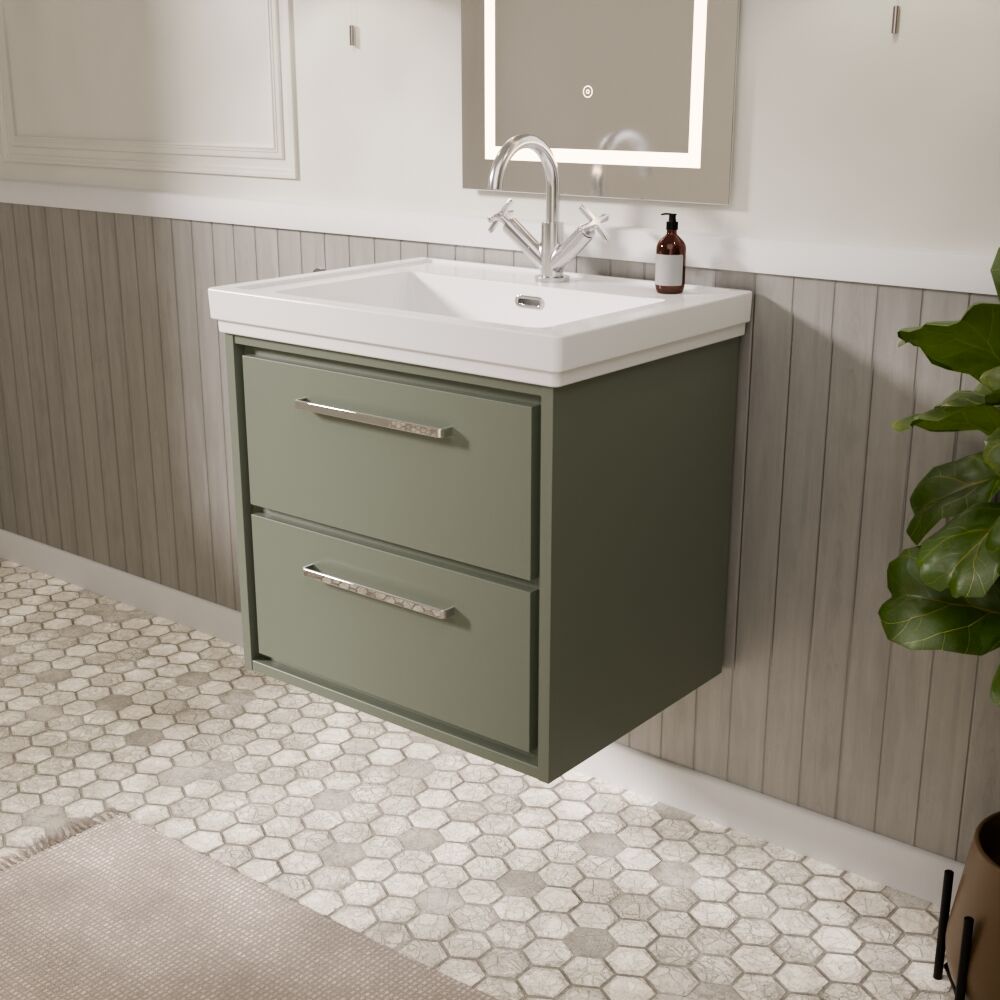 [BFLL3124A] Longnor 2 Drawer Wall Hung Vanity Basin Unit with 1 Tap Hole Traditional Fireclay Basin, Choice of Size and Colour - Lifestyle 3