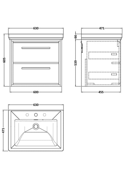 [BFLL3124B] Longnor 2 Drawer Wall Hung Vanity Basin Unit with 3 Tap Hole Traditional Fireclay Basin, Choice of Size and Colour - Line Drawing