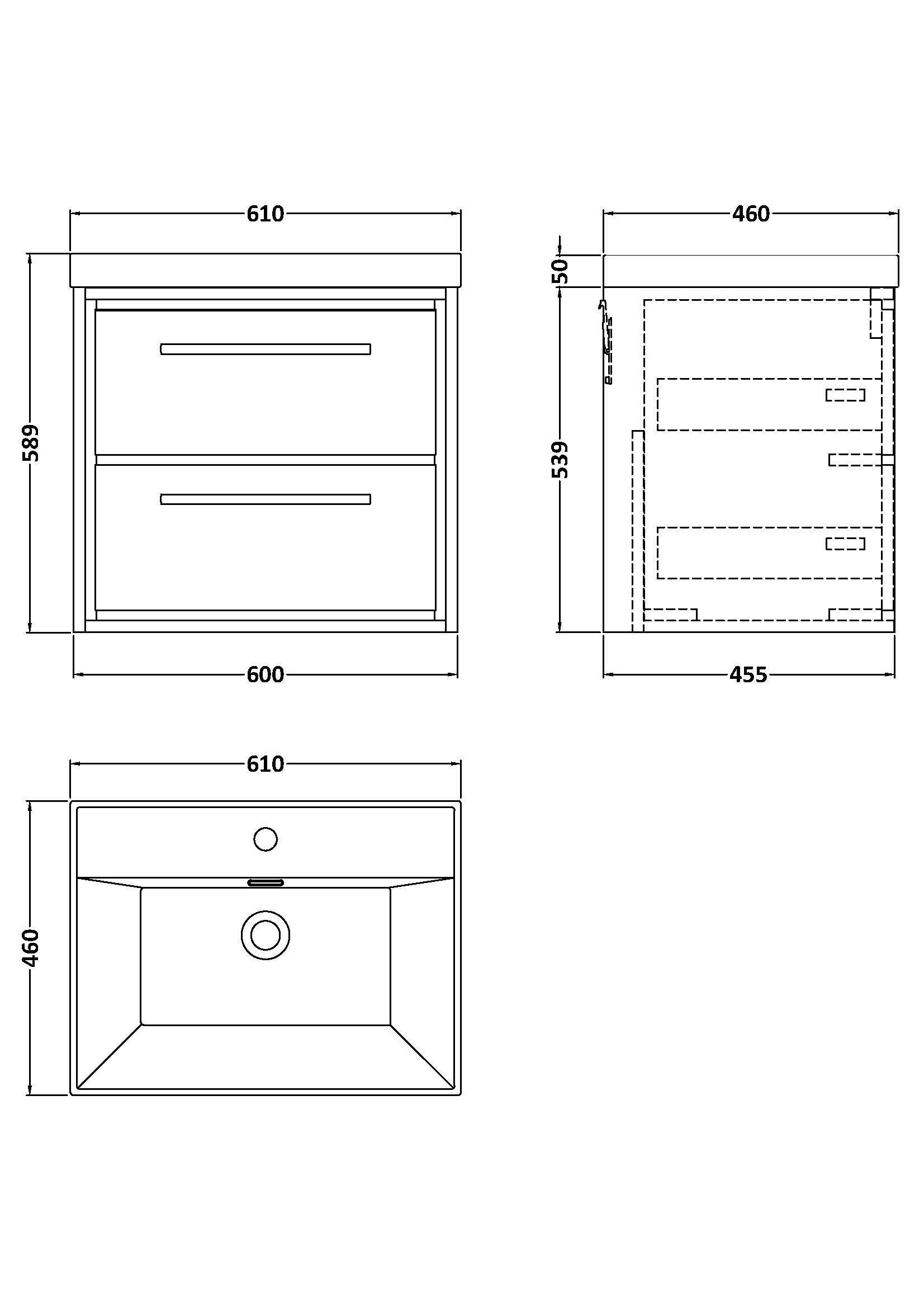 [BFLL3124E] Longnor Modern Wall Hung Vanity 2 Drawer Vanity Basin Unit with Rectangular Basin, Choice of Size and Colour - Technical Drawing