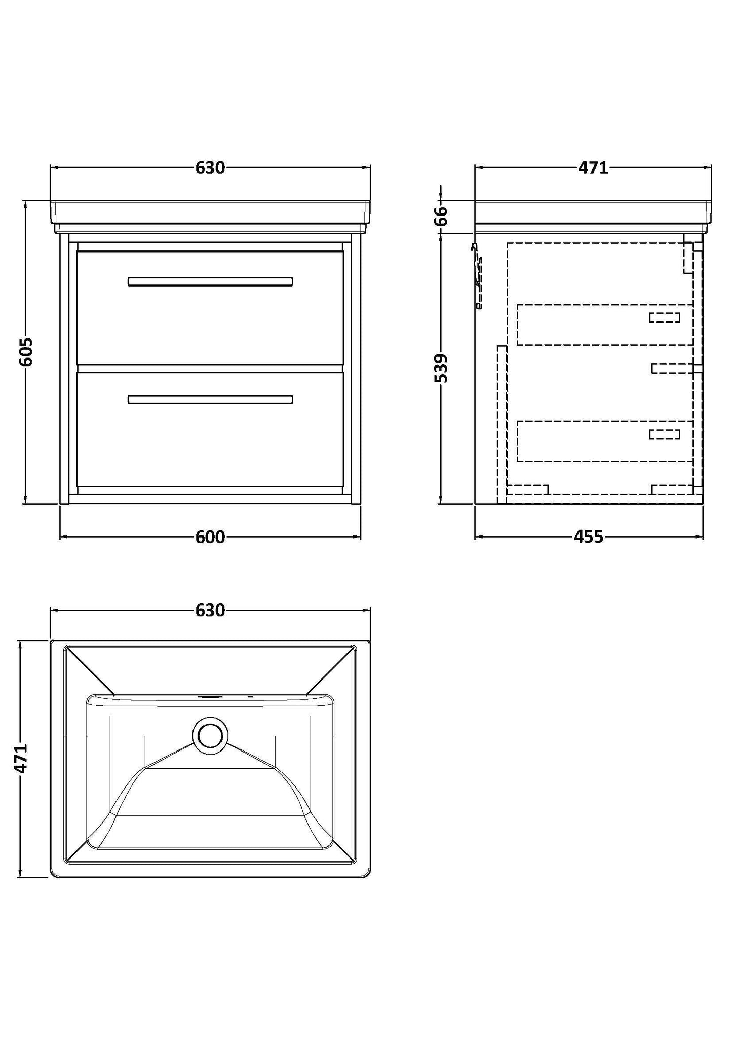 [BFLL3124H] Longnor 2 Drawer Wall Hung Vanity Basin Unit with 0 Tap Hole Traditional Fireclay Basin, Choice of Size and Colour - Line Drawing