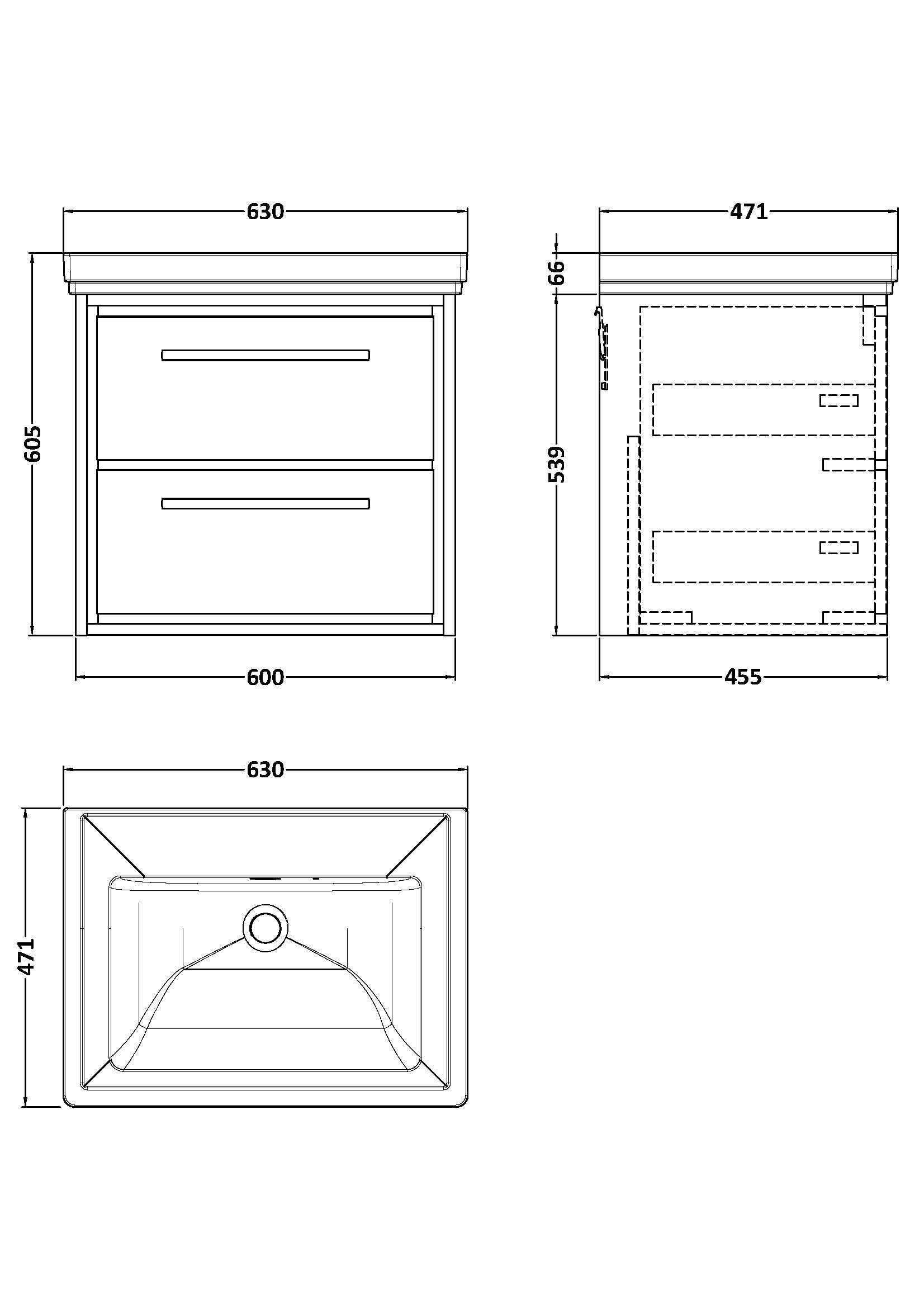 [BFLL3124H] Longnor 2 Drawer Wall Hung Vanity Basin Unit with 0 Tap Hole Traditional Fireclay Basin, Choice of Size and Colour - Line Drawing