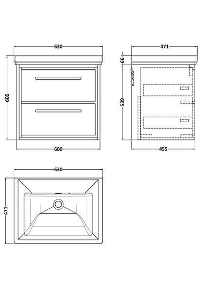 [BFLL3124H] Longnor 2 Drawer Wall Hung Vanity Basin Unit with 0 Tap Hole Traditional Fireclay Basin, Choice of Size and Colour - Line Drawing