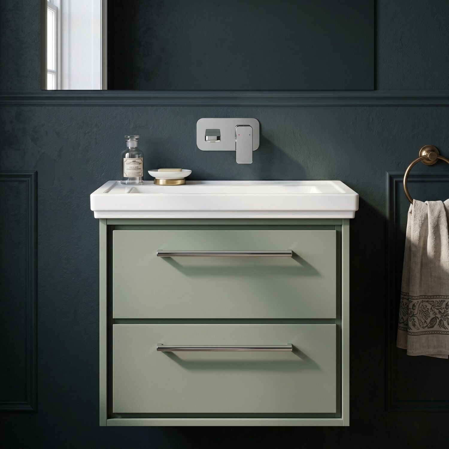 [BFLL3124H] Longnor 2 Drawer Wall Hung Vanity Basin Unit with 0 Tap Hole Traditional Fireclay Basin, Choice of Size and Colour - Silo