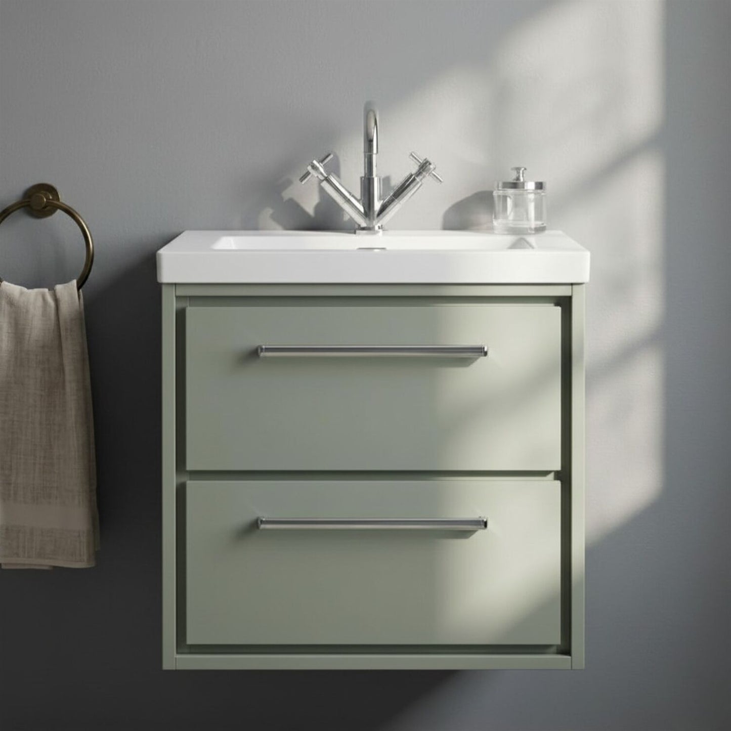 [BFLL3124L] Longnor Modern 2 Drawer Wall Hung Vanity Basin Unit with Modern Fireclay Sink, Choice of Size and Colour - Silo