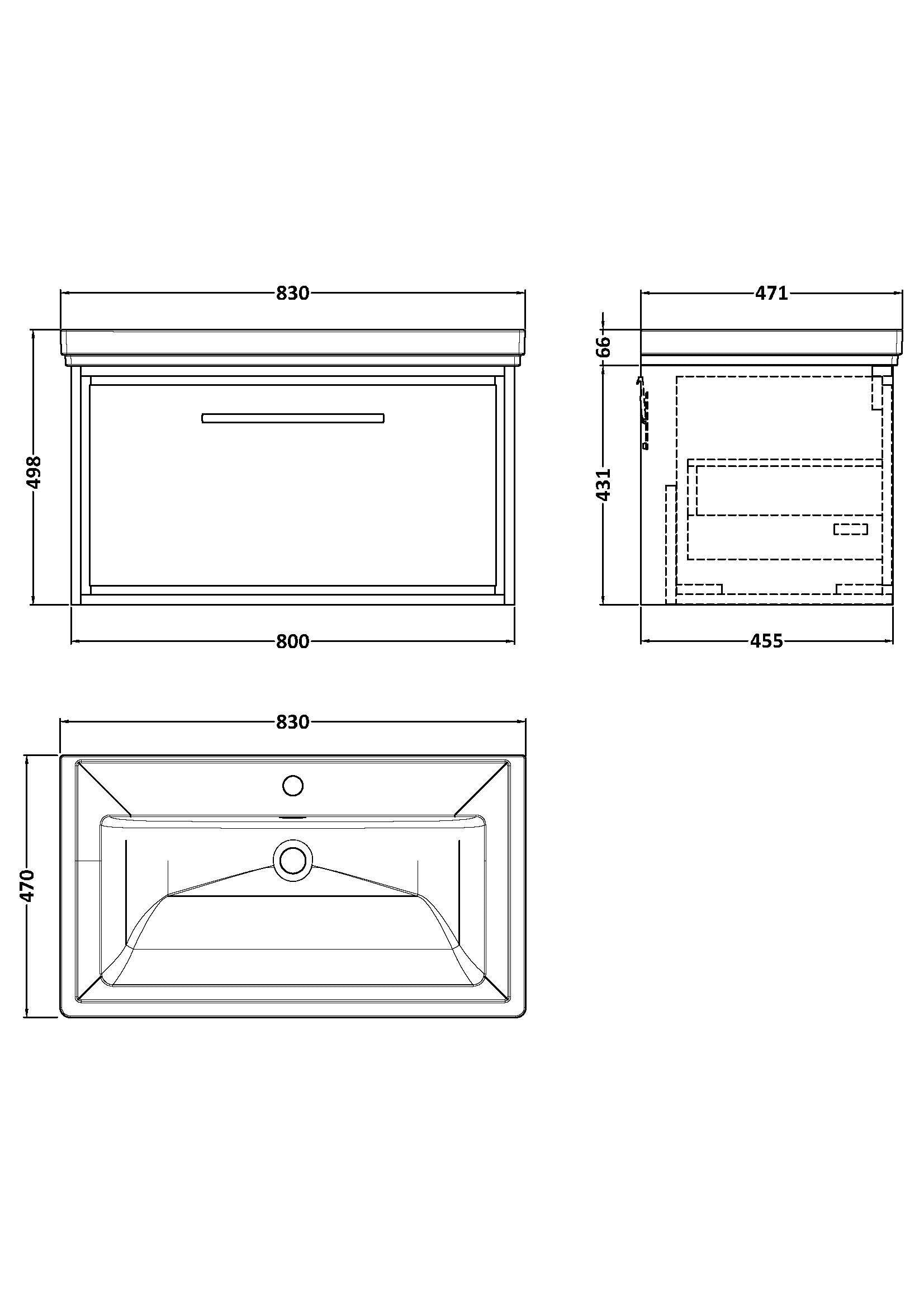 [BFLL3125A] Longnor Single Drawer Wall Hung Vanity Basin Unit with 1 Tap Hole Traditional Fireclay Basin, Choice of Colour and Size - Line Drawing