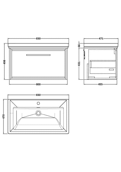 [BFLL3125A] Longnor Single Drawer Wall Hung Vanity Basin Unit with 1 Tap Hole Traditional Fireclay Basin, Choice of Colour and Size - Line Drawing