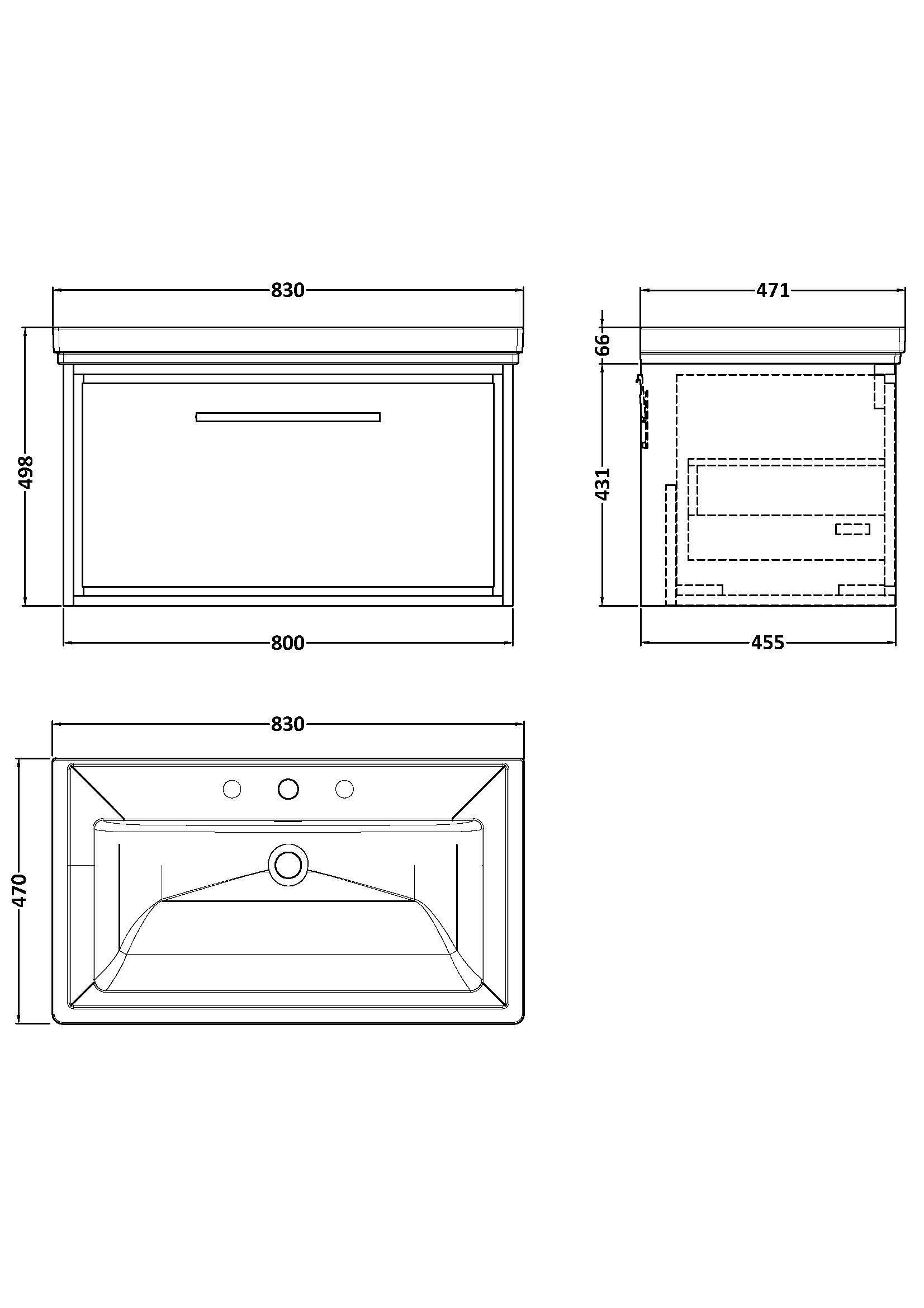 [BFLL3125B] Longnor Single Drawer Wall Hung Vanity Basin Unit with 3 Tap Hole Traditional Fireclay Basin, Choice of Size and Colour - Line Drawing