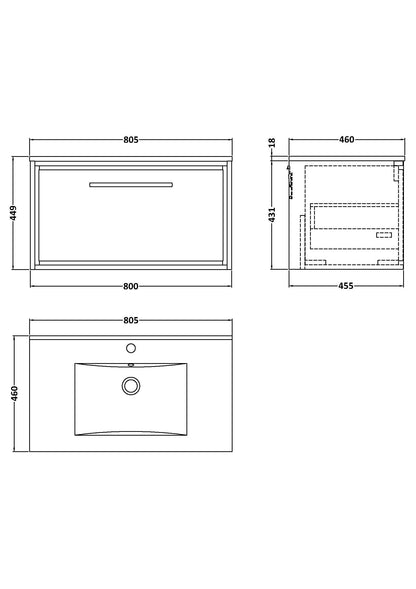 [BFLL3125C] Longnor Modern Bathroom Wall Hung Single Drawer Vanity Unit & Basin, Choice of Size and Colour - Technical Drawing