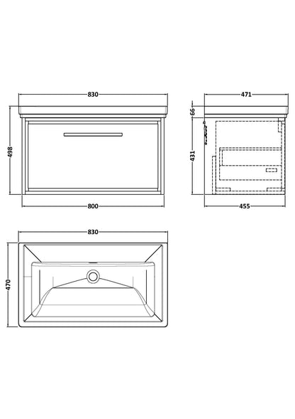[BFLL3125H] Longnor Single Drawer Wall Hung Vanity Basin Unit with 0 Tap Hole Traditional Fireclay Basin, Choice of Size and Colour - Line Drawing
