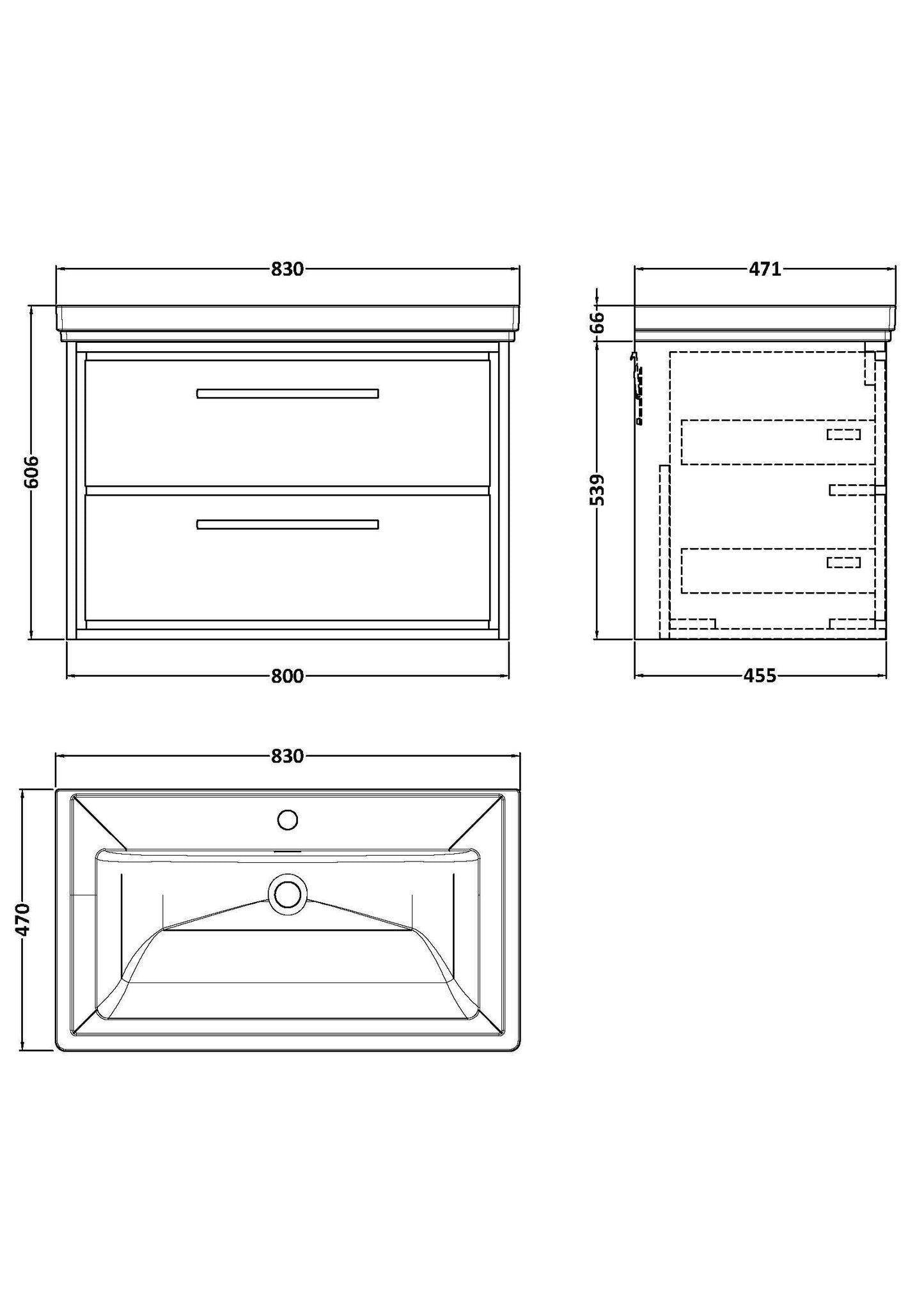 [BFLL3126A] Longnor 2 Drawer Wall Hung Vanity Basin Unit with 1 Tap Hole Traditional Fireclay Basin, Choice of Size and Colour - Line Drawing