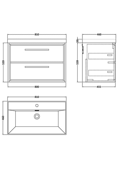 [BFLL3126E] Longnor Modern Wall Hung Vanity 2 Drawer Vanity Basin Unit with Rectangular Basin, Choice of Size and Colour - Technical Drawing