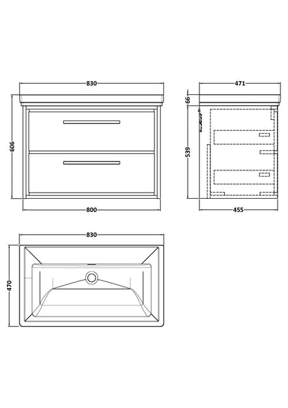 [BFLL3126H] Longnor 2 Drawer Wall Hung Vanity Basin Unit with 0 Tap Hole Traditional Fireclay Basin, Choice of Size and Colour - Line Drawing