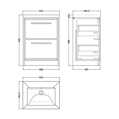 [BFLL3133K] Balterley Modern Bathroom 2 Soft-Close Drawer Floor Standing Vanity Unit Fireclay Basin, Fern Green, 600mm - Technical Drawing