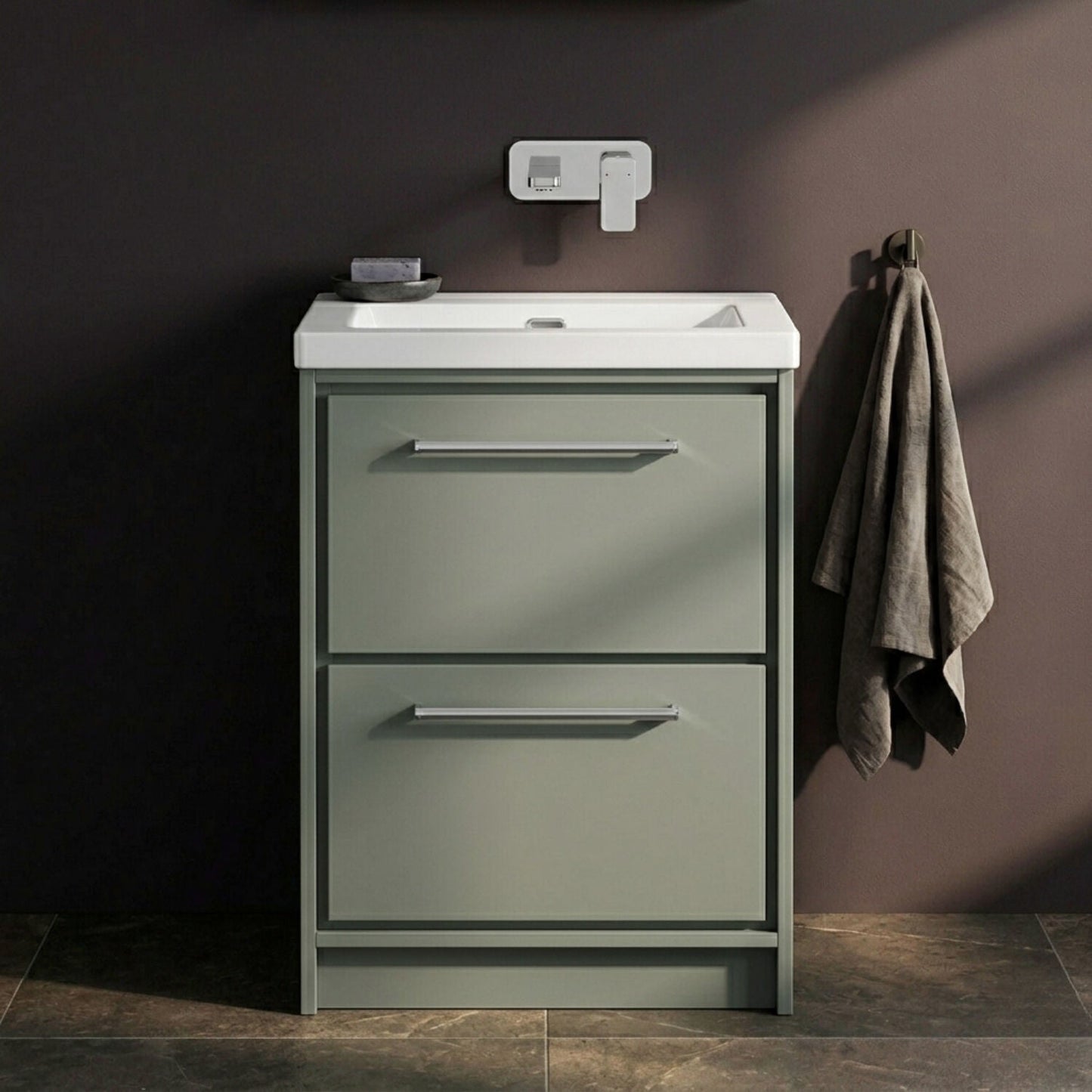 [BFLL3133K] Balterley Modern Bathroom 2 Soft-Close Drawer Floor Standing Vanity Unit Fireclay Basin, Fern Green, 600mm - Silo