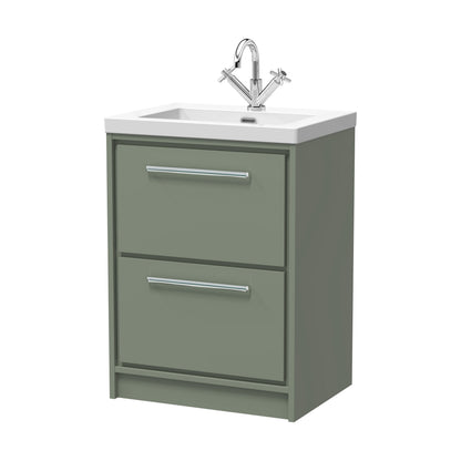 [BFLL3133L] Balterley Modern Bathroom Floor Standing 2 Soft-Close Drawer Vanity Fireclay Basin, Fern Green, 600mm - Cutout