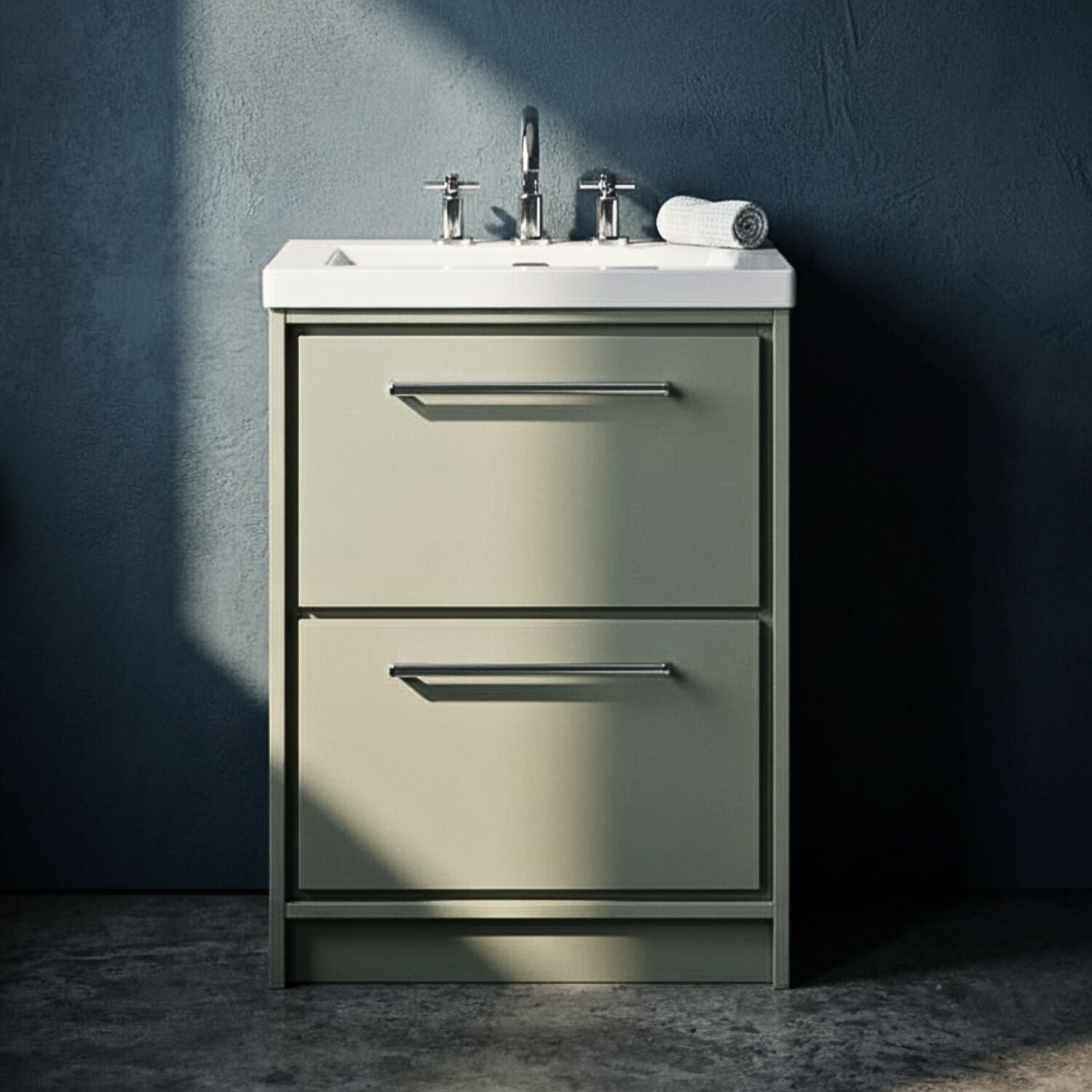[BFLL3133M] Balterley Modern Bathroom 2 Soft Close Drawer Floor Standing Vanity Unit Fireclay Basin, Fern Green, 600mm - Silo