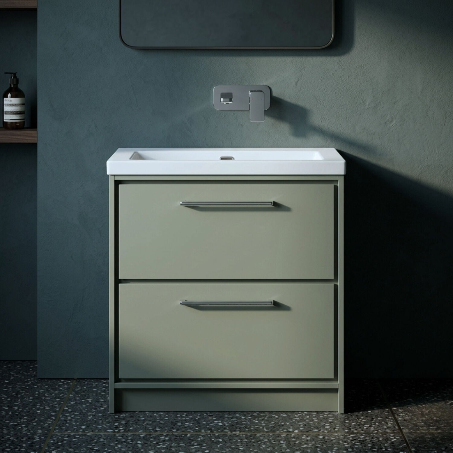 [BFLL3135K] Balterley Modern Bathroom 2 Soft-Close Drawer Floor Standing Vanity Unit Fireclay Basin, Fern Green, 800mm - Silo