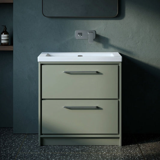 [BFLL3135K] Balterley Modern Bathroom 2 Soft-Close Drawer Floor Standing Vanity Unit Fireclay Basin, Fern Green, 800mm - Silo