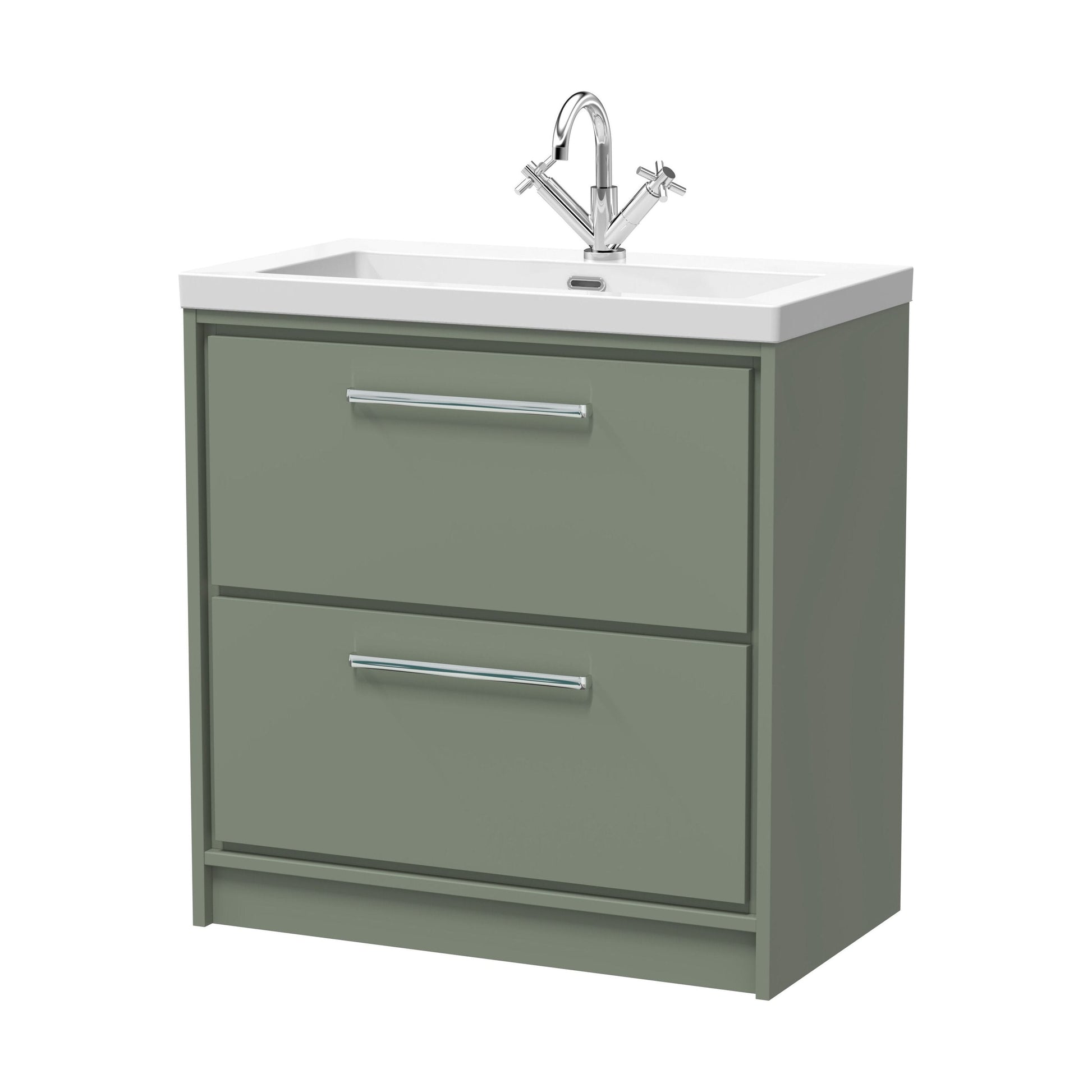 [BFLL3135L] Balterley Modern Bathroom 2 Soft-Close Drawer Floor Standing Vanity Unit Fireclay Basin, Fern Green, 800mm - Cutout