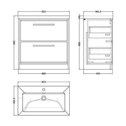 [BFLL3135L] Balterley Modern Bathroom 2 Soft-Close Drawer Floor Standing Vanity Unit Fireclay Basin, Fern Green, 800mm - Technical Drawing