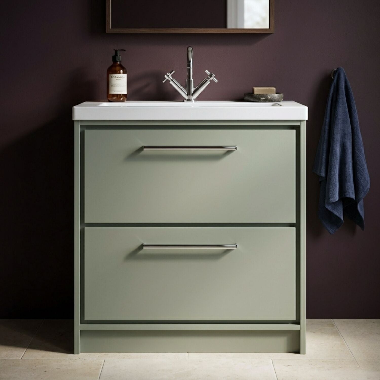 [BFLL3135L] Balterley Modern Bathroom 2 Soft-Close Drawer Floor Standing Vanity Unit Fireclay Basin, Fern Green, 800mm - Silo
